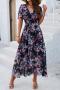 bohemian non-stretch floral printing v-neck short sleeve midi dress_Black
