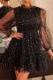 elegant non-stretch mesh see-through moon star sequins mini dress_Black