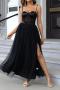 elegant non-stretch mesh patchwork sling backless high-slit maxi dress_Black