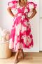 casual slight stretch 3 colors flower batch printing off shoulder midi dress_Magenta