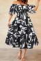 casual plus size non-stretch batch printing off shoulder midi dress_Black