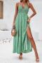 bohemian slight stretch floral printing halter-neck high slit maxi dress_Green
