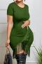 sexy plus size slight stretch 3 colors crew neck tassels decor slim midi dress_Black_Dark Green