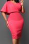 casual plus size slight stretch 3 colors solid color v-neck slit midi dress_Magenta