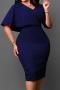 casual plus size slight stretch 3 colors solid color v-neck slit midi dress_Magenta_Yellow_Dark Blue