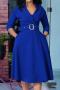 casual plus size slight stretch 3 colors solid color v-neck with belt midi dress_White_Red_Blue