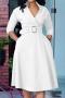 casual plus size slight stretch 3 colors solid color v-neck with belt midi dress_White