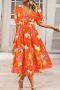 new stylish plus size non-stretch v-neck batch printing casual midi dress_Magenta_Orange