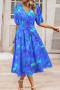 new stylish plus size non-stretch v-neck batch printing casual midi dress_Magenta_Orange_Blue