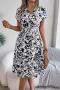 casual non-stretch 3 colors floral printing v-neck with belt midi dress_White
