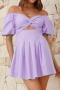 sexy plus-size slight stretch 4-color pleated backless balloon sleeve mini dress_Magenta_Green_Sky Blue_Light Purple