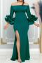 elegant plus size slight stretch pure color ruffle sleeves slit maxi dress_Black_White_Red_Green