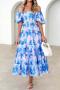 casual non-stretch flower batch printing off shoulder midi dress#1_Magenta_Green_Blue