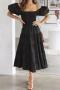 casual non-stretch 6 colors solid color off shoulder midi dress_Black