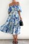 casual non-stretch round pattern batch printing off shoulder midi dress_Green_Blue
