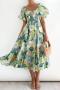 casual non-stretch round pattern batch printing off shoulder midi dress_Green