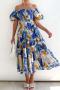 casual non-stretch flower batch printing off shoulder midi dress#9_Red_Blue
