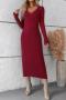 sexy slight stretch ribbed knit solid color v-neck midi dress_Rose Red
