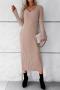 sexy slight stretch ribbed knit solid color v-neck midi dress_Rose Red_Khaki