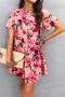 summer flower batch printing non-stretch back laced loose casual mini dress_Black_Pink