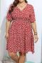 casual plus size non-stretch loose batch printing v-neck mini dress_Red