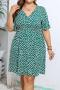 casual plus size non-stretch loose batch printing v-neck mini dress_Red_Green