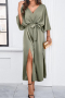 pure color sexy non-stretch satin v-neck loose with belt split maxi dress_Black_Rose Red_Green