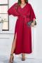 pure color sexy non-stretch satin v-neck loose with belt split maxi dress_Black_Rose Red