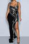 sexy plus size slight stretch rhinestone decor sling high slit maxi dress_Black