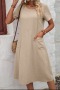 new casual plus-size non-stretch solid color loose crew neck short sleeve midi dress_Black_Orange_Dark Green_Beige