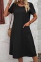 new casual plus-size non-stretch solid color loose crew neck short sleeve midi dress_Black