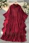 casual new slight stretch solid color sense ruffles loose midi  dresses_Black_Rose Red