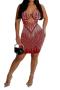 sexy plus size slight stretch mesh patchwork tight sling rhinestone mini dress_Black_Red