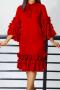 casual plus size slight stretch 5 colors solid color crew neck ruffle midi dress_Black_Red