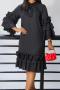 casual plus size slight stretch 5 colors solid color crew neck ruffle midi dress_Black
