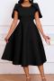 casual plus size slight stretch 4 colors crew neck midi dress_Black