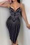 sexy plus size slight stretch rhinestone decor sling slit midi dress_Black