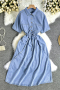 new casual non-stretch lace-up pocket denim midi dress_Blue