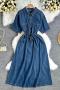 new casual non-stretch lace-up pocket denim midi dress_Blue_Dark Blue