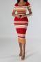 sexy plus size slight stretch color-block knitted square-neck bodycon midi dress_Black_Red