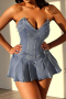 sexy slight stretch tube top pleated denim mini dress_Black_Blue