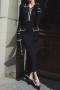 casual slight stretch ribbed knit contrast color lapel ruffle decor midi dress_Black