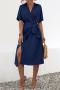 summer solid color new stylish slight stretch lace-up casual midi dress_Dark Blue