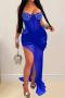 sexy plus size stretch patchwork padded underwire sling rhinestone maxi dress_Black_Blue
