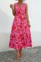 v-neck slight stretch stylish flower batch printing with belt casual midi dress_Pink
