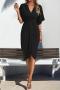 casual non-stretch solid color v-neck short sleeve kink midi dress_Black
