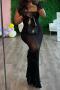 sexy plus-size slight stretch jacquard fabric semi-sheer suspender maxi dress_Black