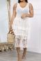 plus size 4 colors solid color crochet sexy see-through tassel beach midi dress_White