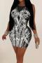 sexy plus size slight stretch mesh rhinestone tight see-through mini dress_Black