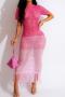 new sexy slight stretch knit tassel short sleeve hollow maxi dress_Pink